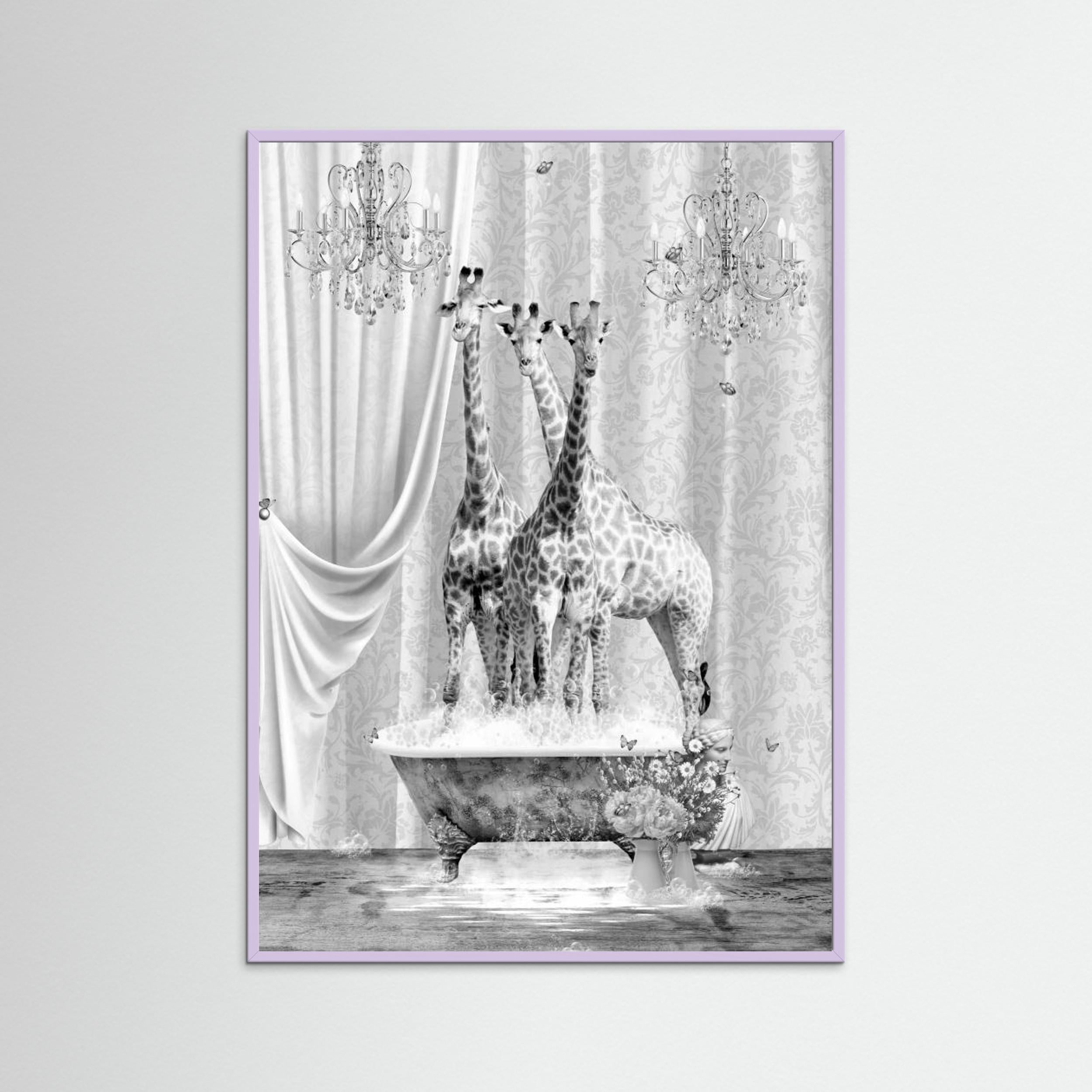 Three Giraffes &amp; Bubbles Black &amp; White by Sue Skellern Fine Art Paper 