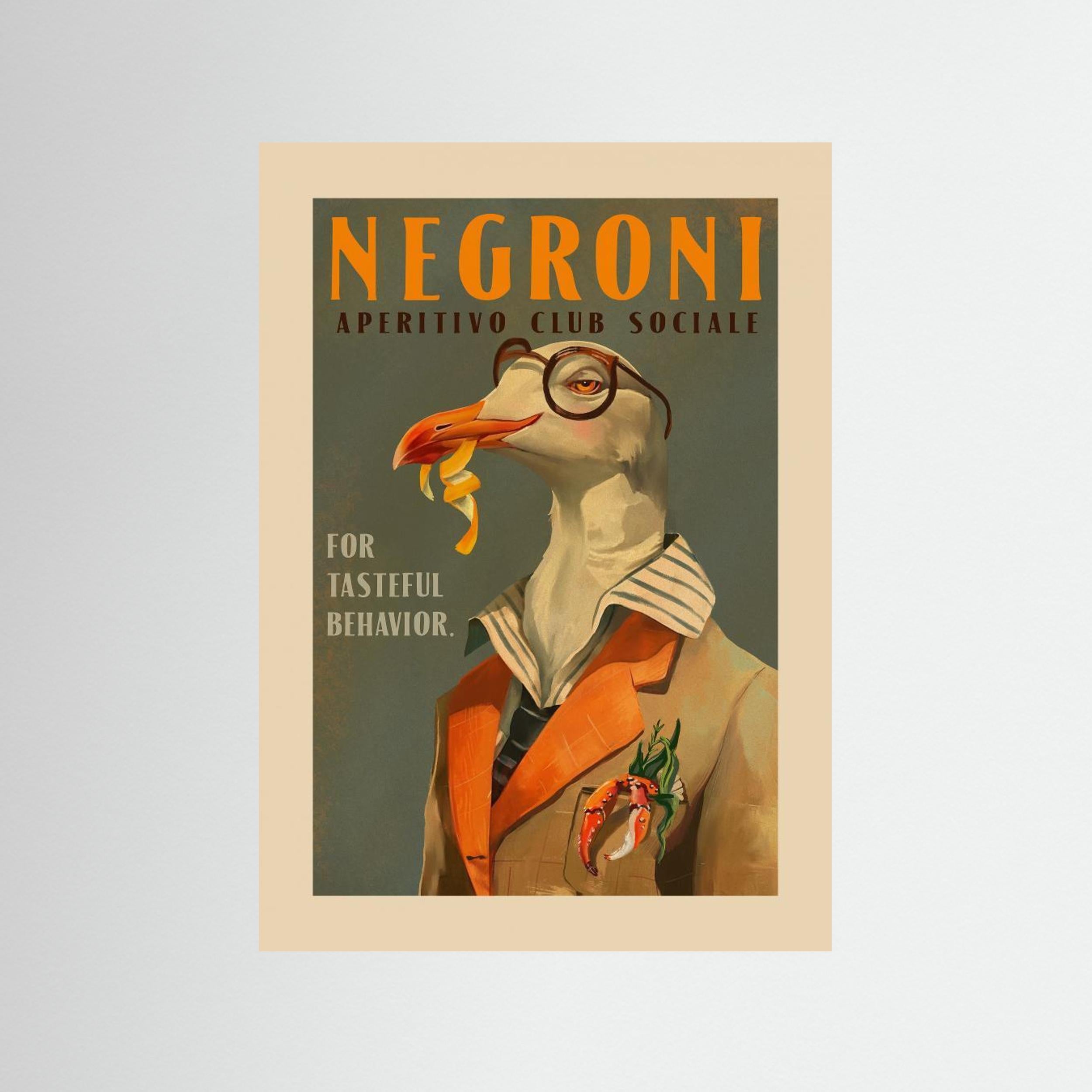 Vintage Art Deco Negroni Poster Of A Fancy Seagull by The Whiskey Ginger Fine Art Paper 