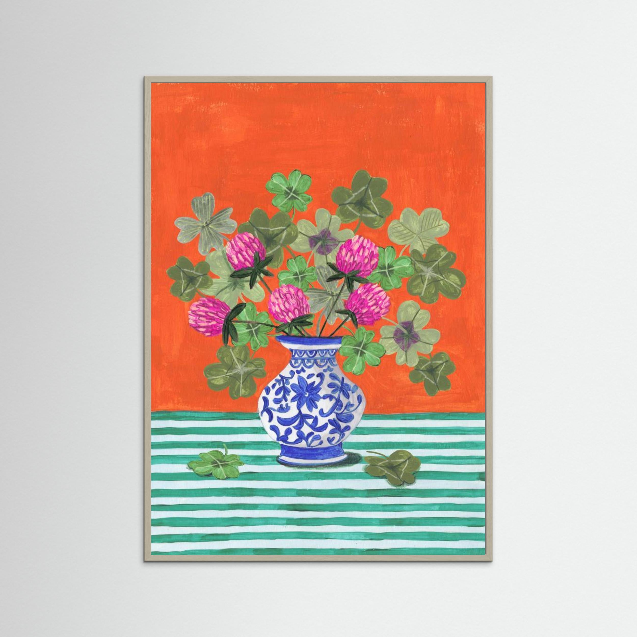 Still life vase with flowers four-leaf clover bright colours by Caroline Bonne Müller