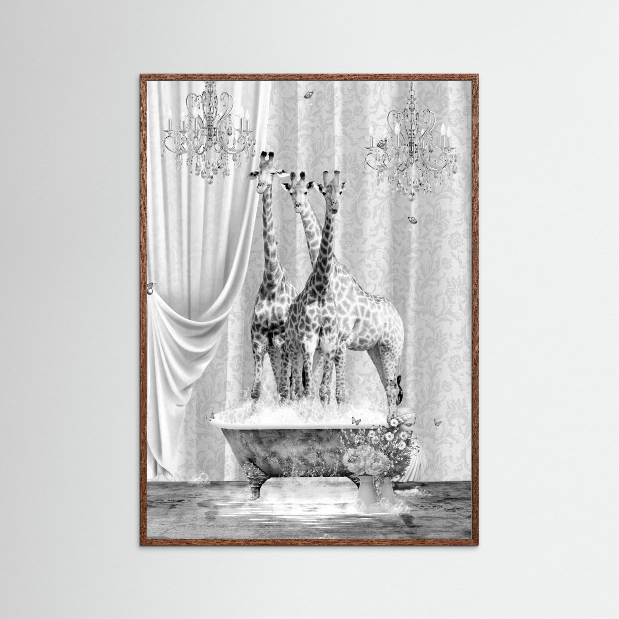 Three Giraffes &amp; Bubbles Black &amp; White by Sue Skellern Fine Art Paper 