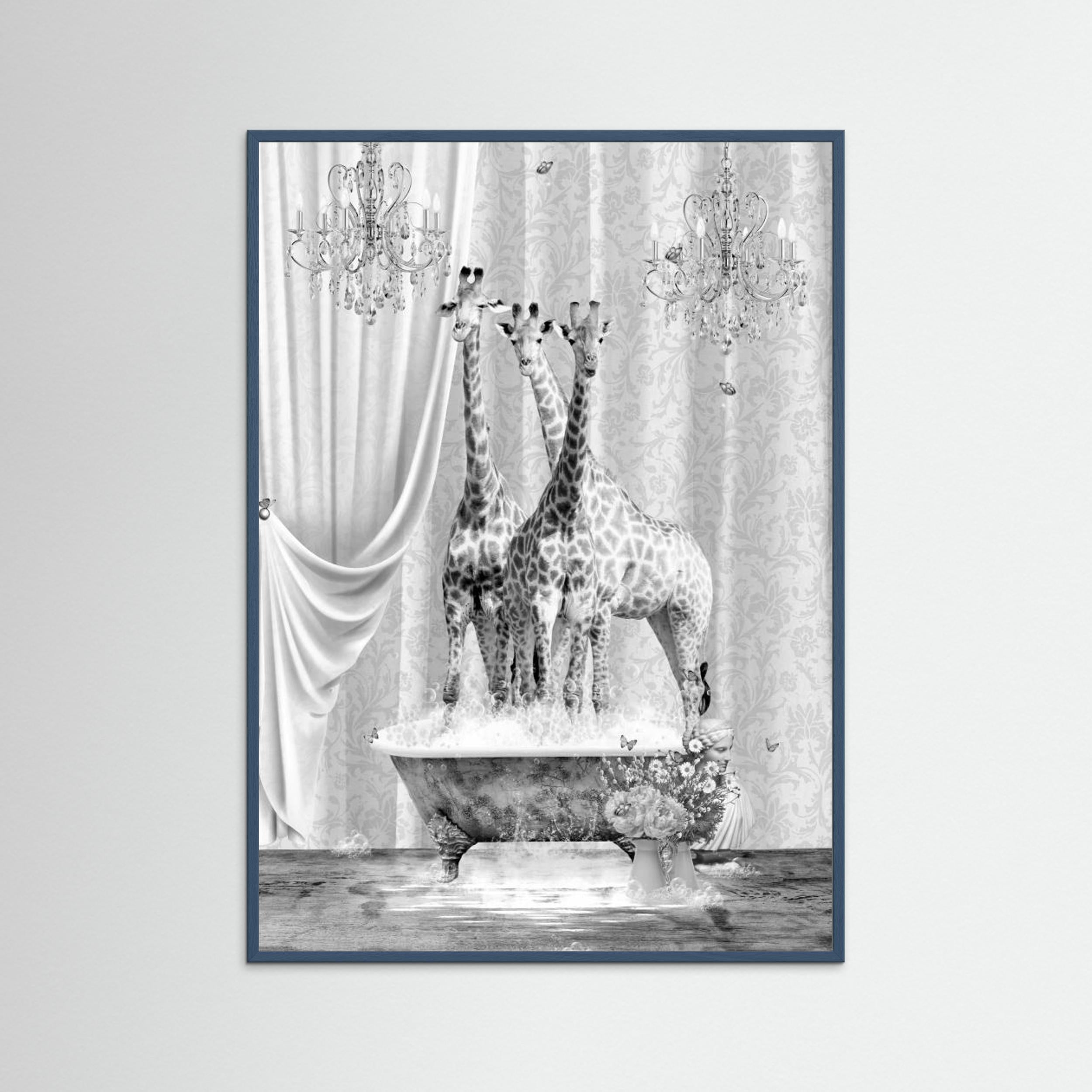 Three Giraffes &amp; Bubbles Black &amp; White by Sue Skellern Fine Art Paper 