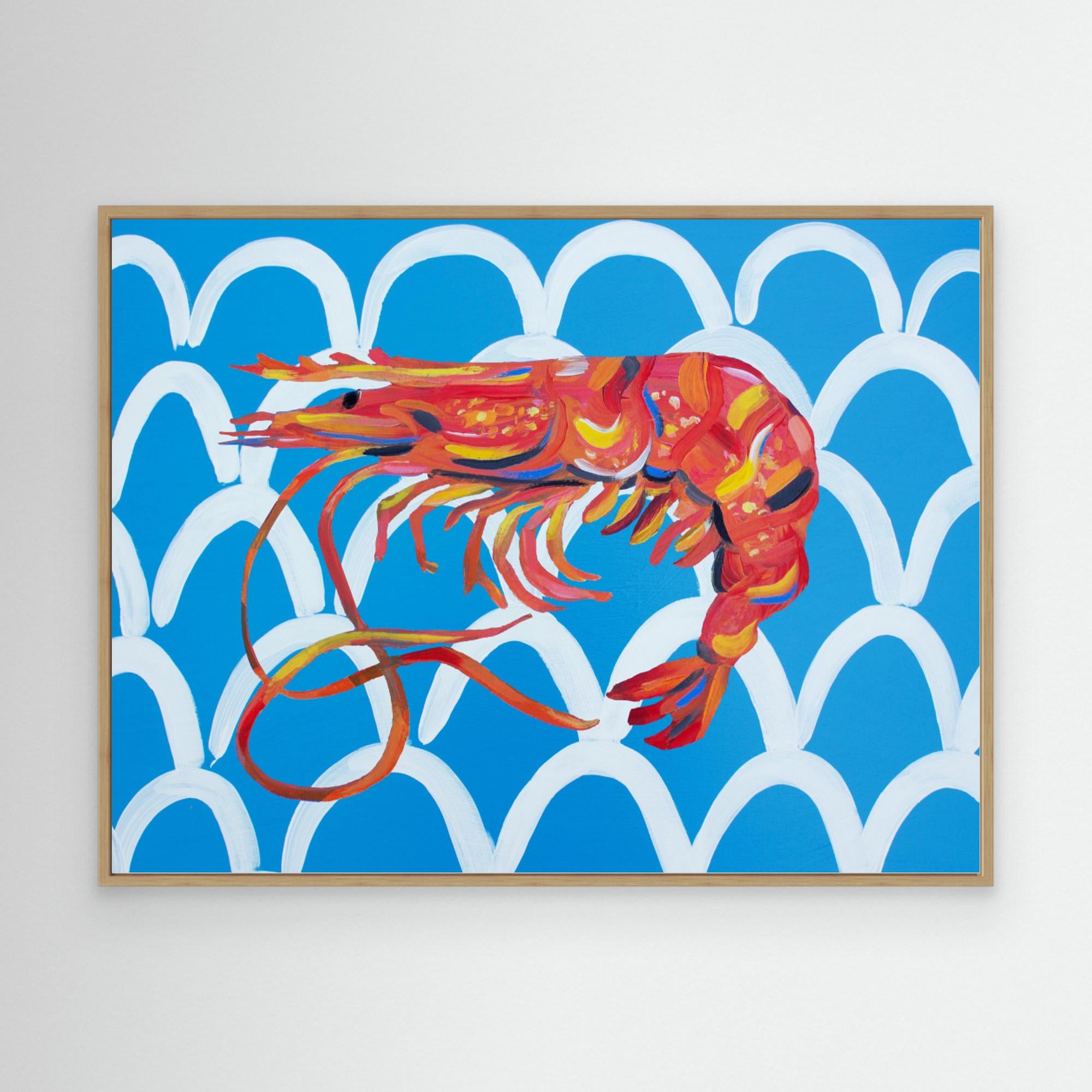 Prawn On Blue Wavey by Alice Straker Canvas