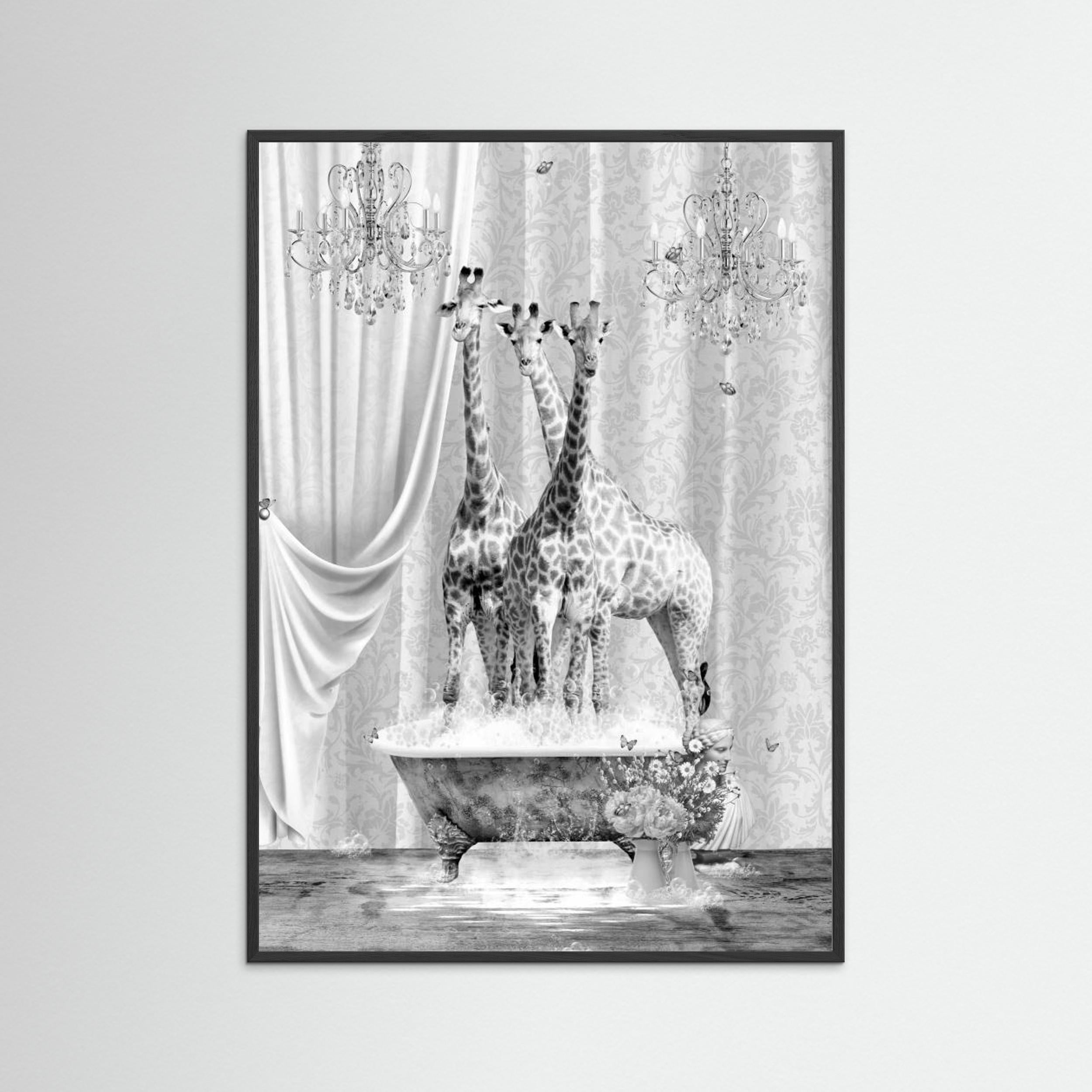 Three Giraffes &amp; Bubbles Black &amp; White by Sue Skellern Fine Art Paper 