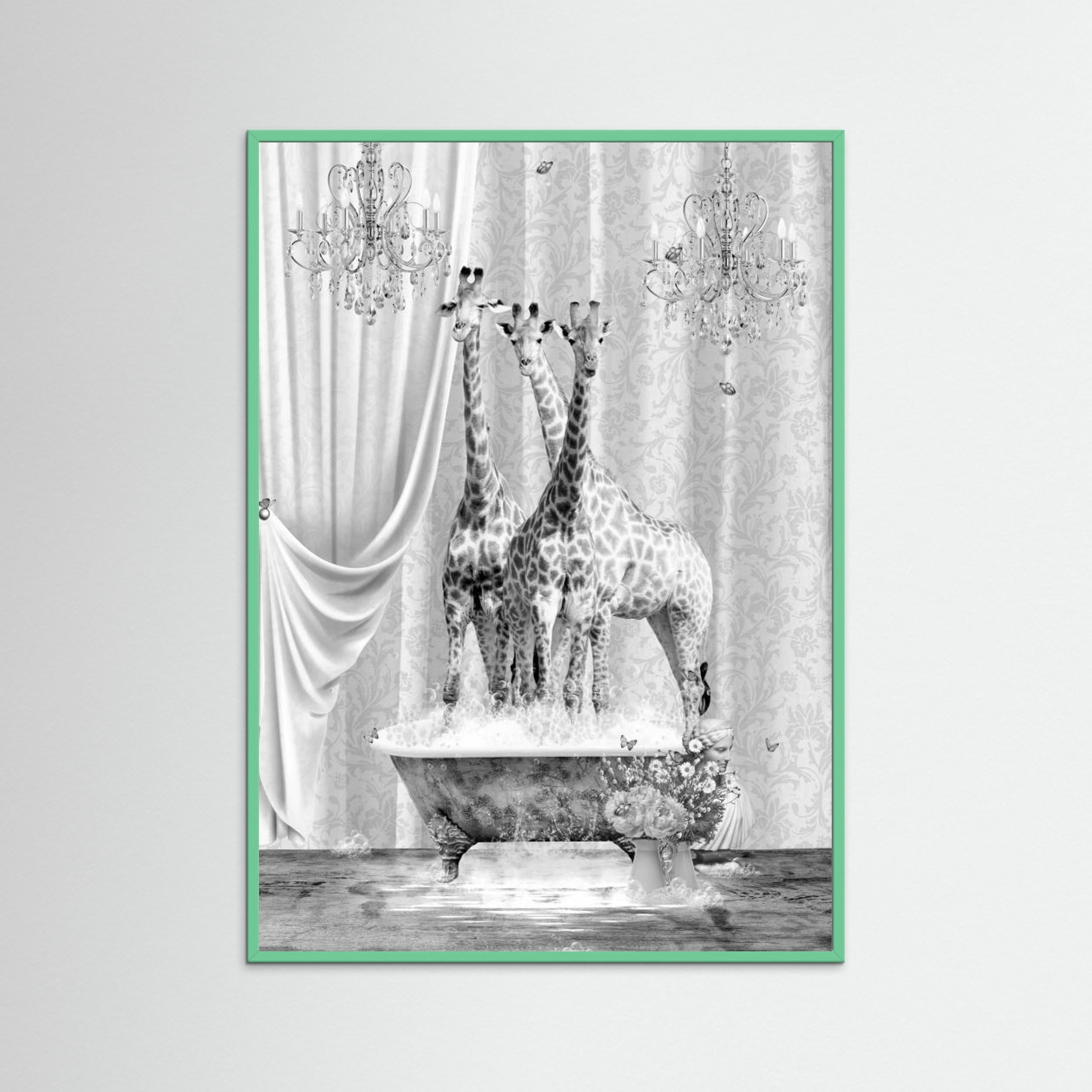 Three Giraffes &amp; Bubbles Black &amp; White by Sue Skellern Fine Art Paper 