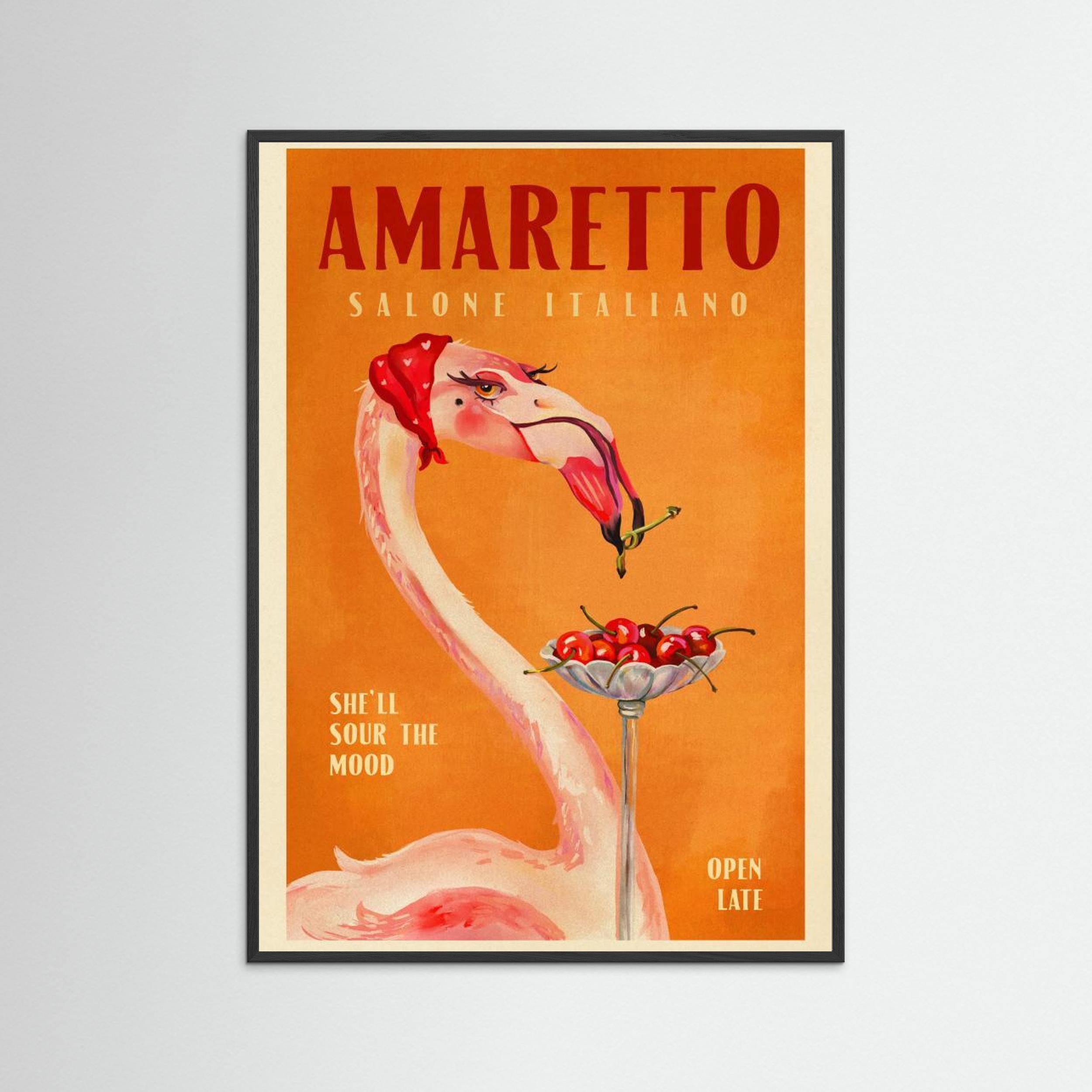 Amaretto Flamingo Art Deco Italian Cafe Travel Art by The Whiskey Ginger Fine Art Paper