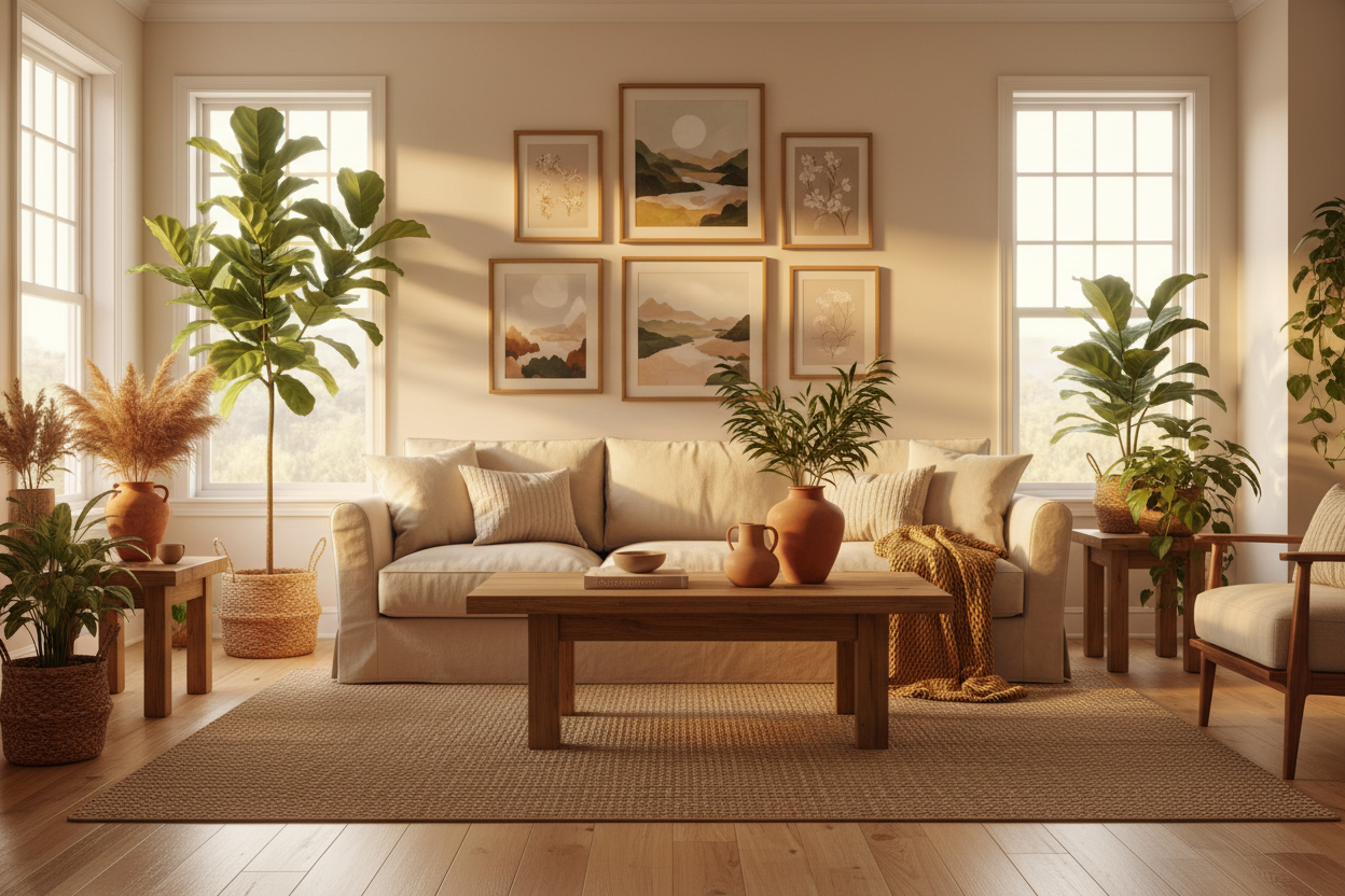 Warm cozy living room with art prints