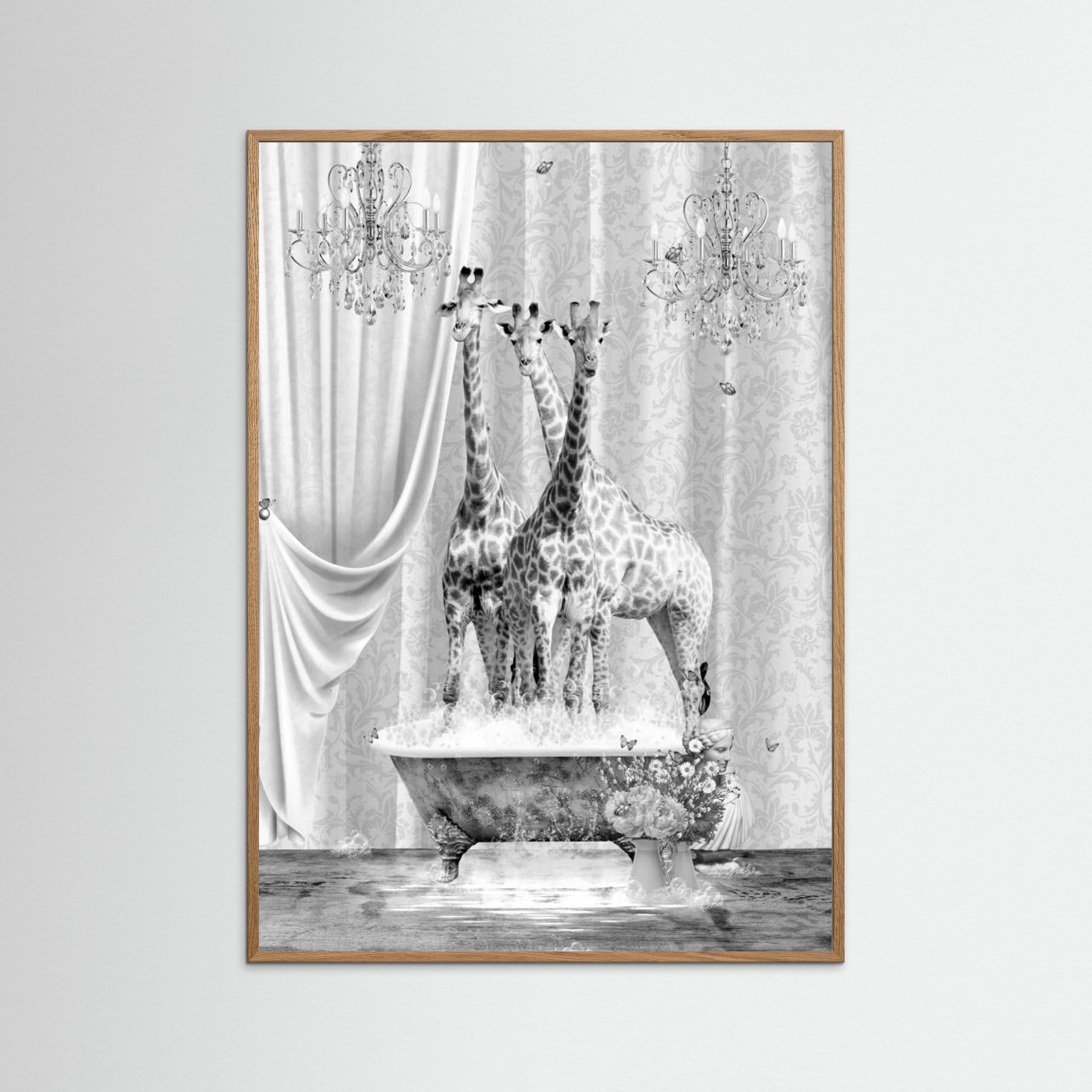 Three Giraffes &amp; Bubbles Black &amp; White by Sue Skellern Fine Art Paper 