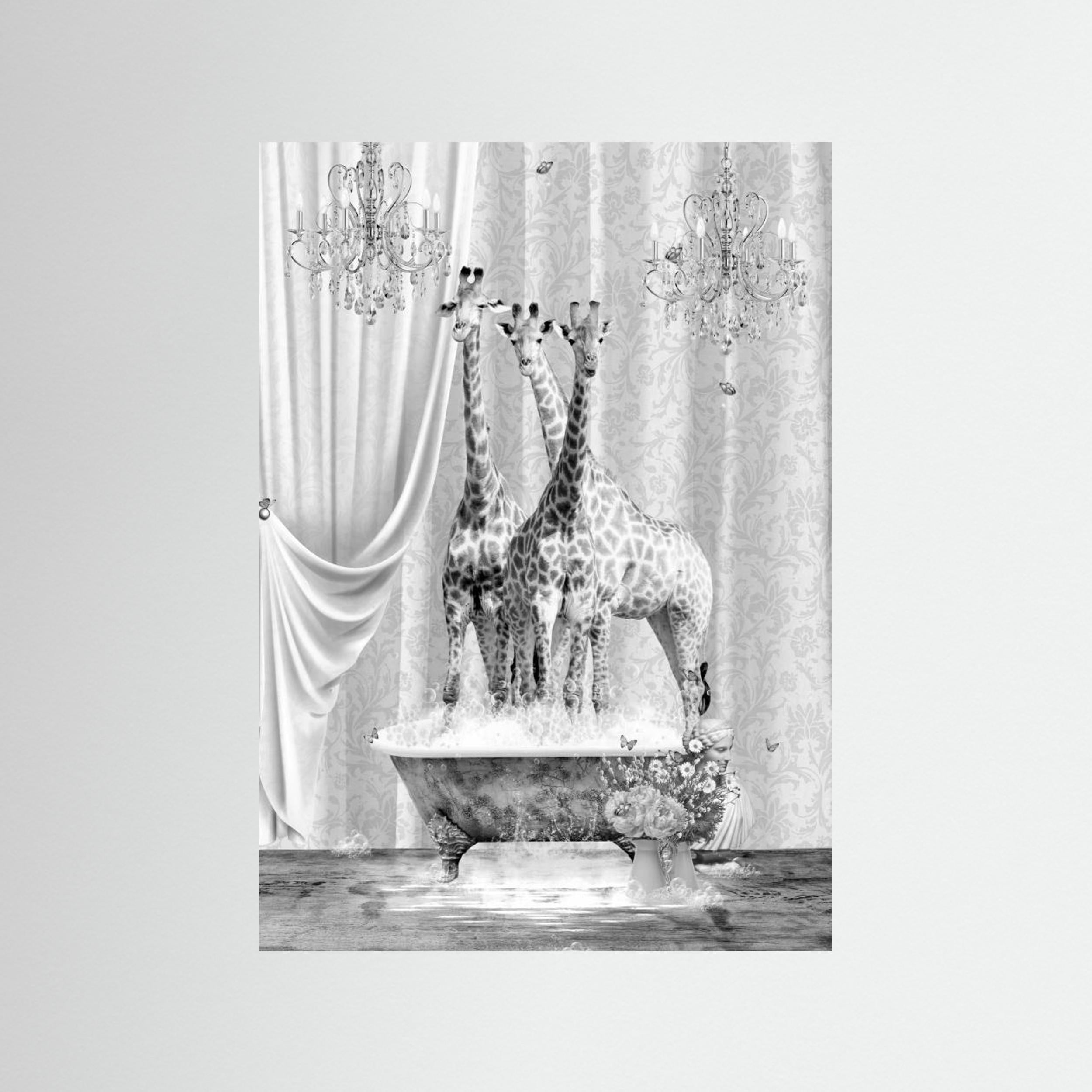 Three Giraffes &amp; Bubbles Black &amp; White by Sue Skellern Fine Art Paper 